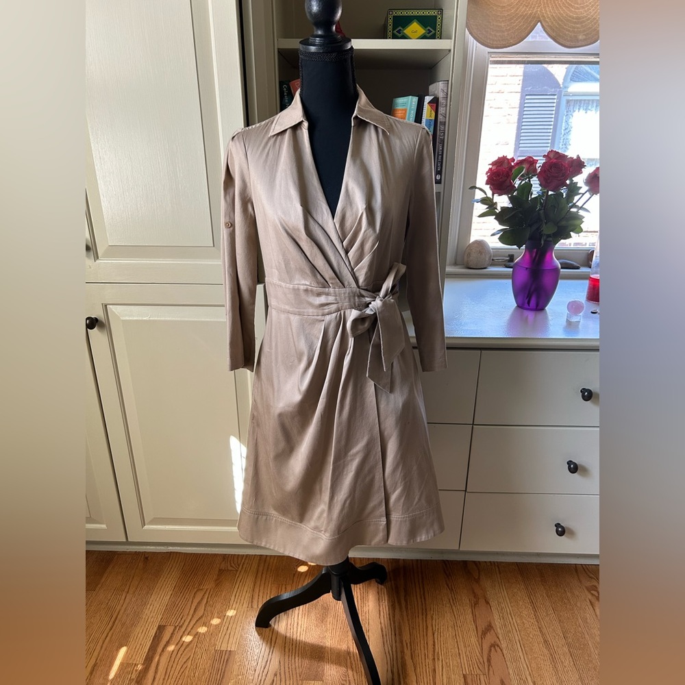 Anne Klein wrap dress with folding button sleeves.  Size 4.  Dry cleaned